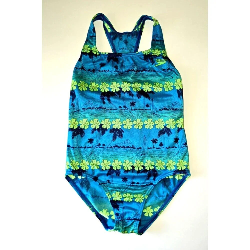 Speedo 1 Piece Swimsuit Girls 12 Floral Blue Green Racerback Athletic VTG Sporty